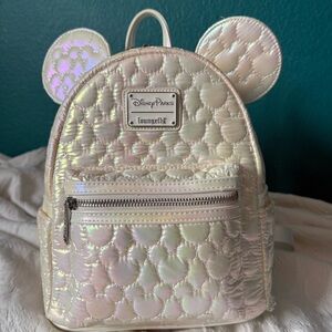 Disney Loungefly Iridescent Cream White Mickey Minnie Ears Backpack